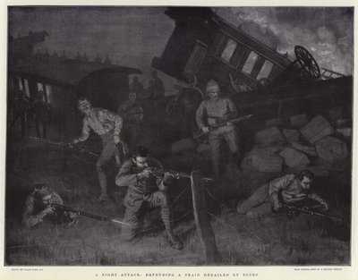 Atak nocny, obrona pociągu wykolejonego przez Burów autorstwa Frank Dadd